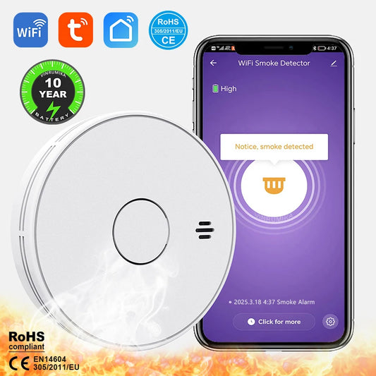 Super Thin WiFi Tuya Smart Smoke Detector Built-in 10 Year Battery Home Safety Parlor Child Room Shop Fire Sound Alarm Sensor