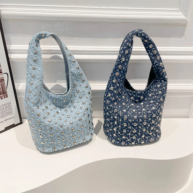 Denim Sequin Rivet Underarm Shoulder Bag,Vintage Metal Stud Motorcycle Style Handbag,Designer Blue Chic Women Bucket Tote Bags