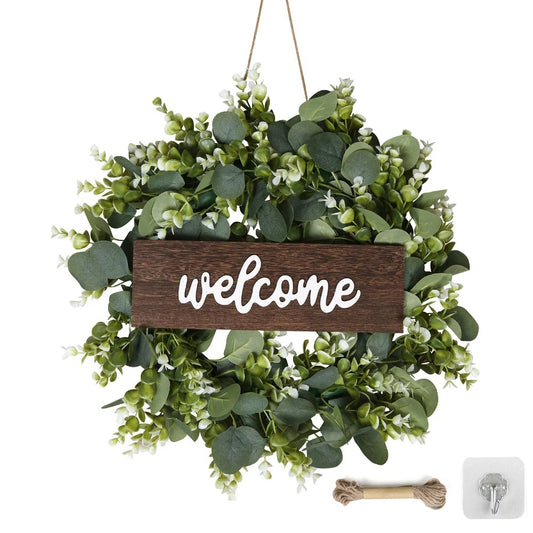 13'' Artificial Eucalyptus Wreath with Welcome Sign Green Eucalyptus Leaf Greenery Spring Wreath for Door Wall Garden Home Decor