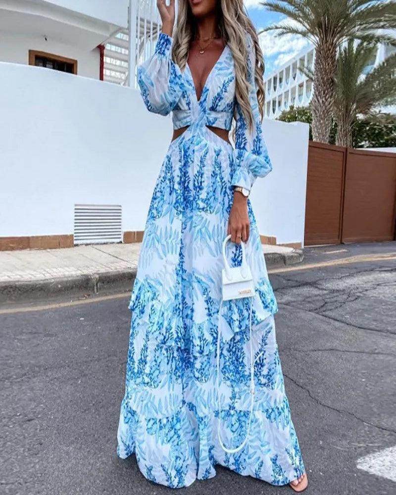 Deep V-Neck Maxi Dress Elegant Hollow Out Ruffle - P12 Hub Europe