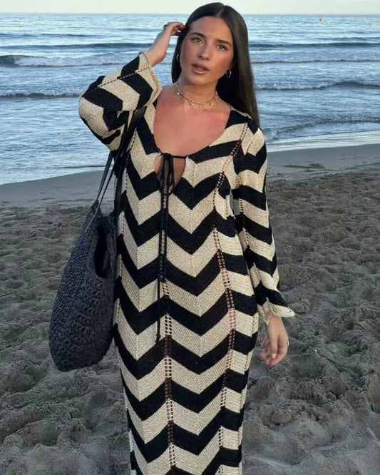 Hollow Out Lace Up Knit Dress - Contrast Stripes V-Neck - P12 Hub Europe