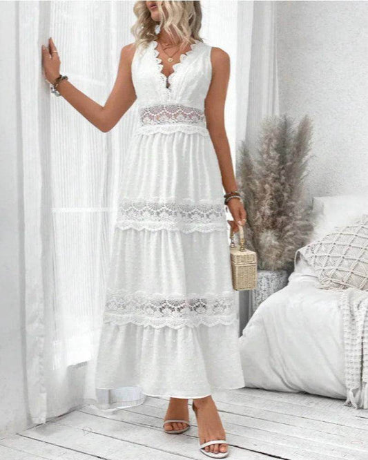 Lace Stitching V-Neck Maxi Dress Sleeveless High Waist - P12 Hub Europe