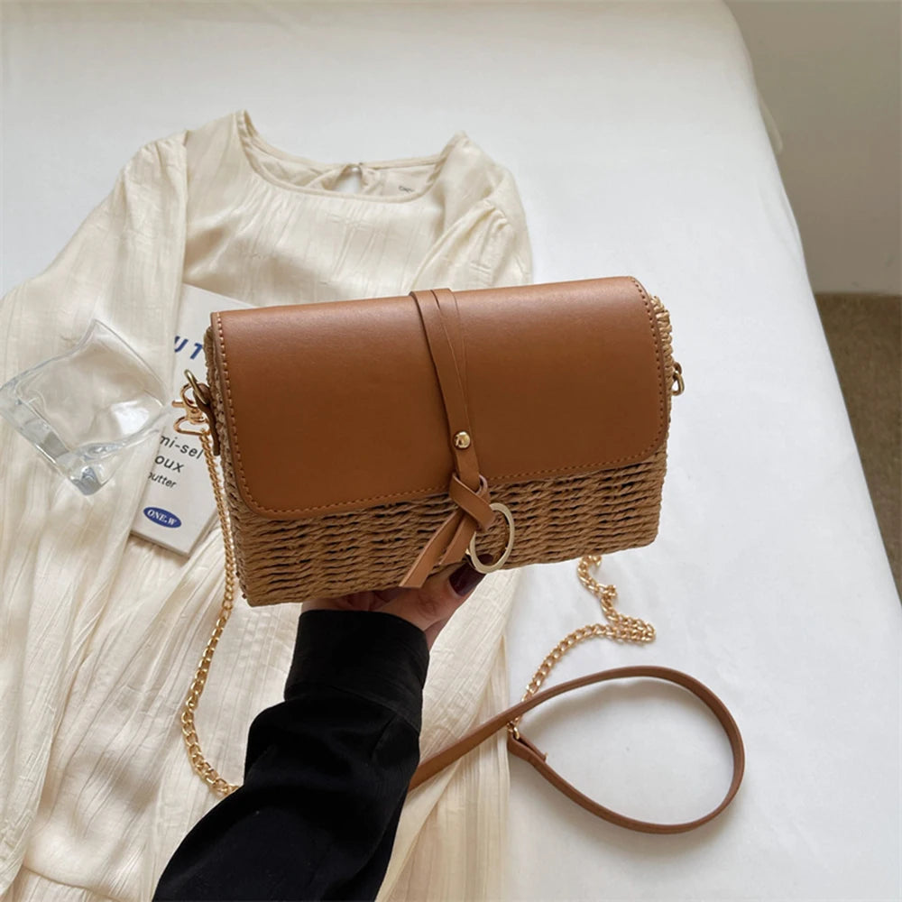 Spring Trendy Small Knitting Square Handbag Women's Casual Fashion Simple Chain Crossbody Bag PU Leather Flip Cover Beach Bags