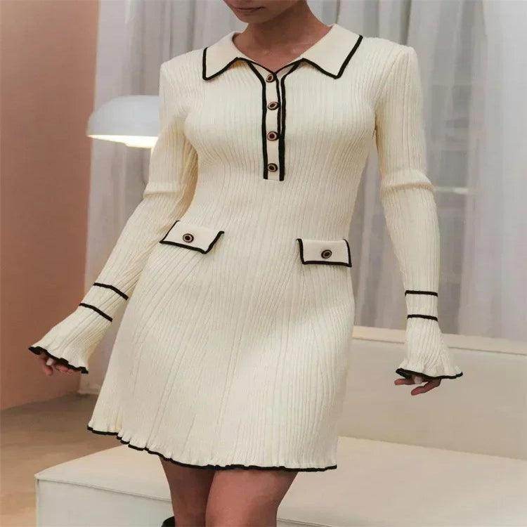 Ruffled Contrast Knit Maxi Dress High Waist Lapel - P12 Hub Europe