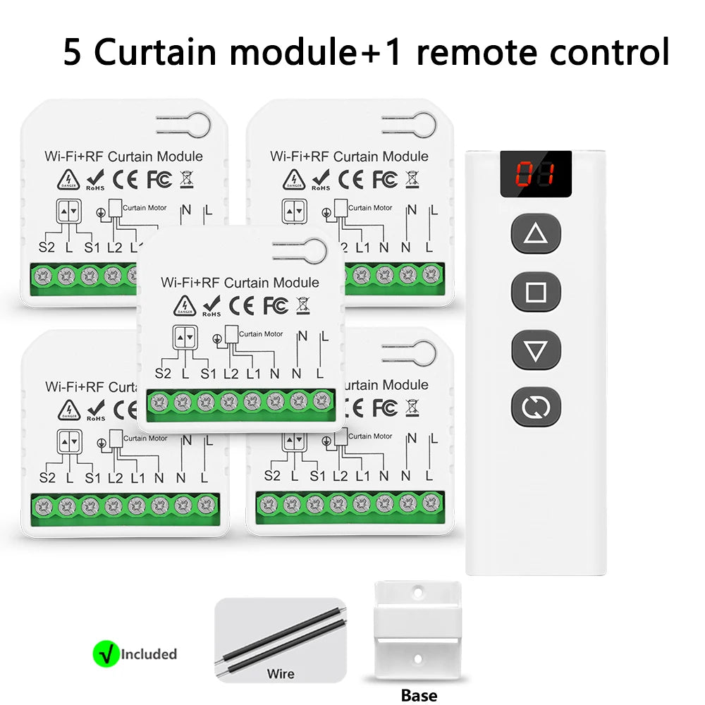 Tuya WiFi Smart Curtain Switch Electric Rolling Shutter App Voice Control Alexa Alice with RF 433 MHz 5CH Remote Control