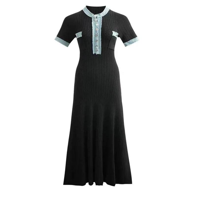 Talenza V-Neck Maxi Dress - Denim Patchwork Office Style - P12 Hub Europe