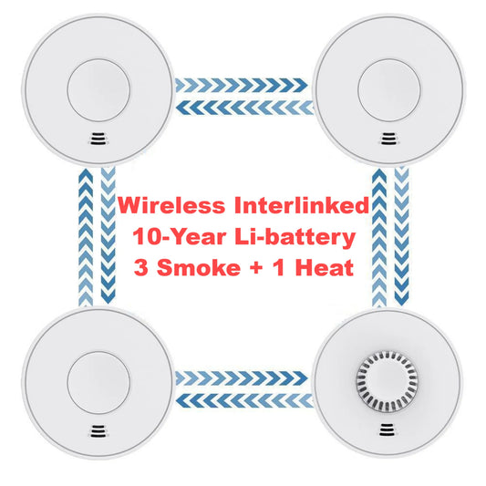 Wireless Interlinked Smoke and Heat Alarm with 10-Year Sealed Li-Battery, Smoke and Heat Alarm for Home, CE, (3 Smoke & 1 Heat)