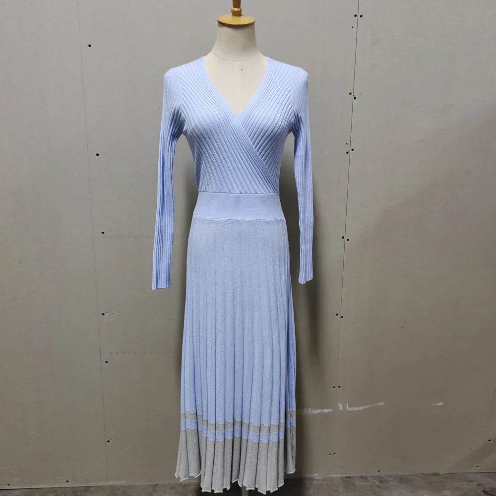 Tossy Ribbed V-Neck Knit Maxi Dress - Elegant Patchwork - P12 Hub Europe