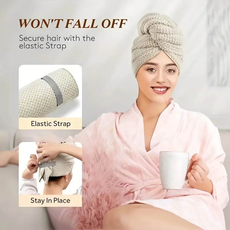 Large Solid Color Water Absorbent Hair Drying Towel Microfiber Hair Towel Wrap With Elastic Strap Soft Quick Drying Towel - P12 Hub Europe