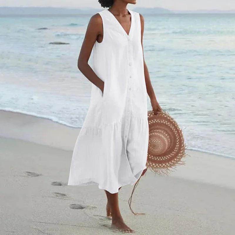 Loose Patchwork Cotton Midi Dress Sleeveless V-Neck Beach - P12 Hub Europe