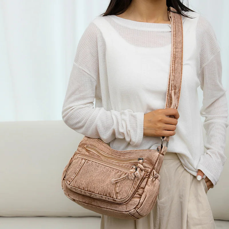 Women Retro Travel Sling Shoulder Bag Casual Washed Denim Commuting Crossbody Bag Female Shopping Tote Handbags Large Day Pack