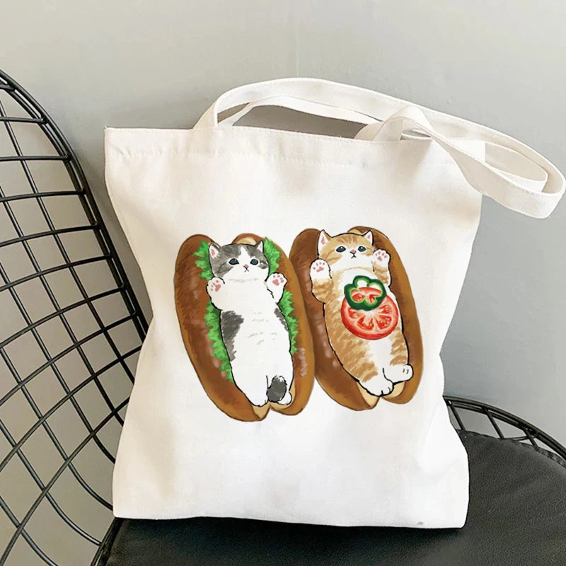 Kawaii Cats Cartoon Manga Tote Bag Beach Bag Shopper Bags Handbags Canvas Shoulder Bags Woman Shopping Bags High Capacity