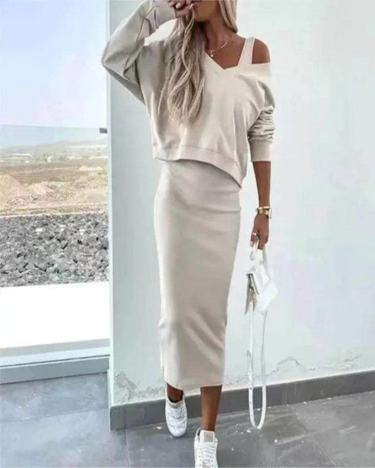 Knit Two Piece Dress Set Sexy V-Neck Long Sleeve - P12 Hub Europe