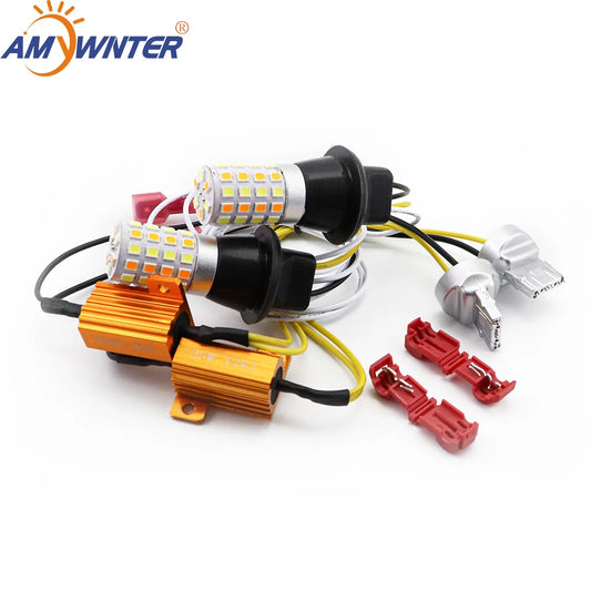 AMYWNTER T20 Drl 7440 Canbus 21W Car LED Light Dual Color Switchback Turn Signal Lamp Bulb Daytime Running