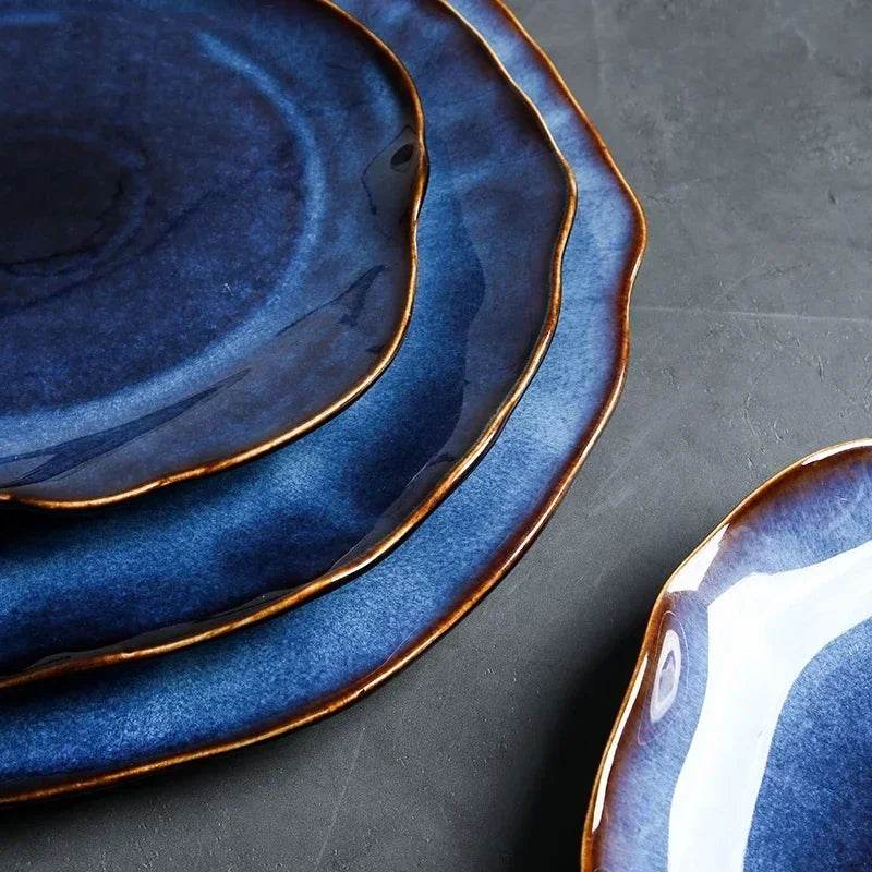 Ceramic Plates Deep Blue Irregular Flat Plate Pottery Dish Household Decoration Tableware Dinnerware Tray Hotel Kitchen Supplies - P12 Hub Europe