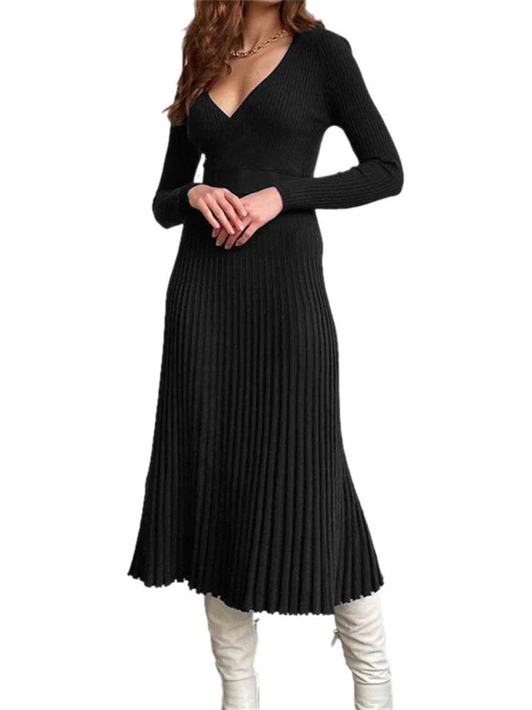 Tossy Ribbed V-Neck Knit Maxi Dress - Elegant Patchwork - P12 Hub Europe
