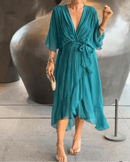 V-Neck Bat Sleeve Dress - Strappy Irregular Summer Style - P12 Hub Europe