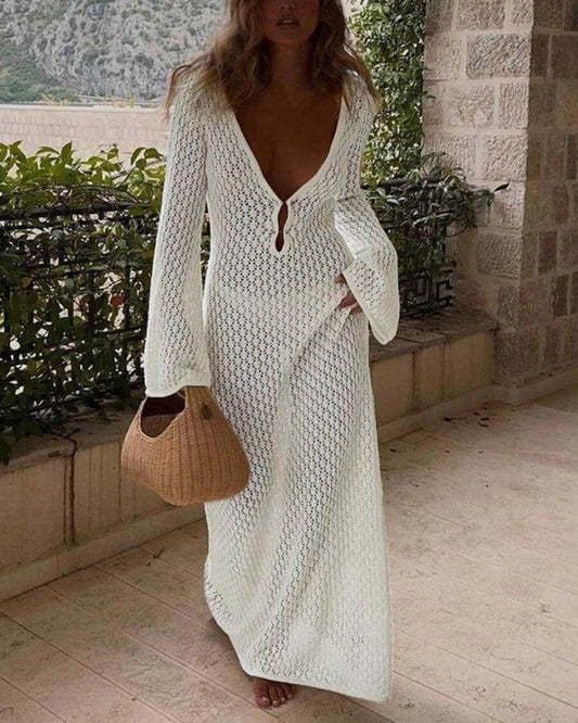 Knitted Crochet Cover-Up Maxi Dress Backless V-Neck Beach - P12 Hub Europe