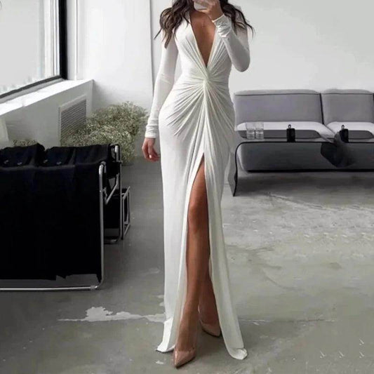 Autumn Maxi Dress Sexy Slit V Neck Long Sleeve Party Gown - P12 Hub Europe