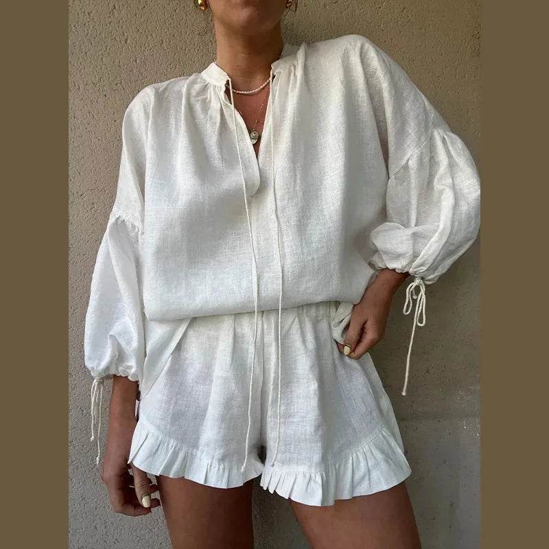 Linen Ruffle Shorts Beach Outfit - P12 Hub Europe