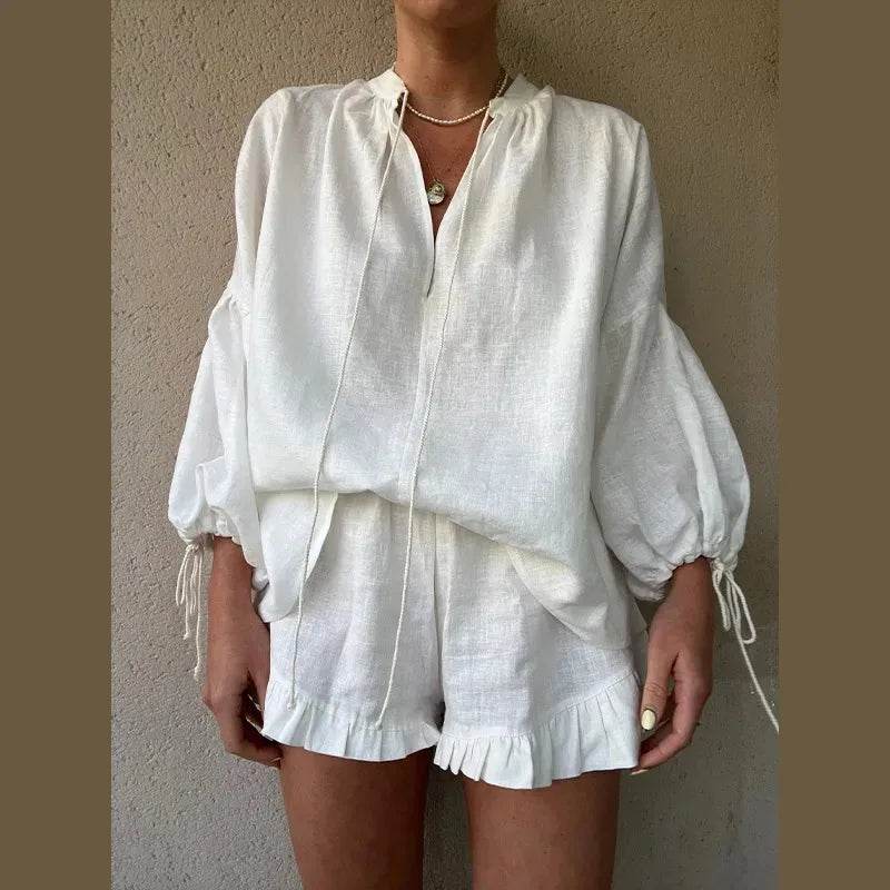 Linen Ruffle Shorts Beach Outfit - P12 Hub Europe
