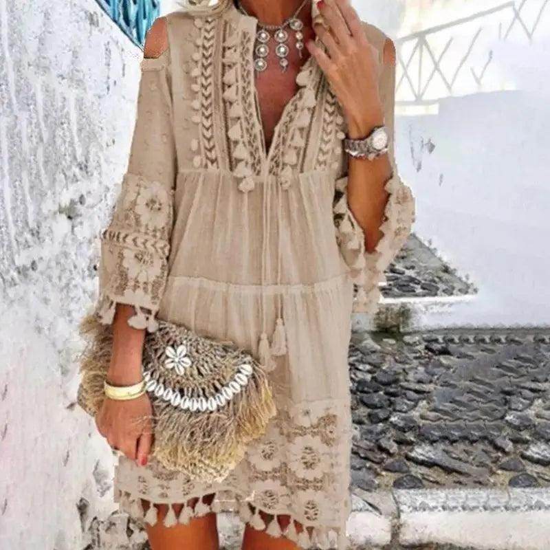 Embroidered Crochet Lace Boho Dress Off Shoulder Ruffle - P12 Hub Europe