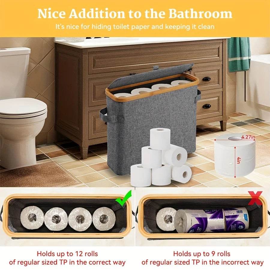 Bamboo toilet paper holder with lid - Self-contained bathroom organizer with handle, enclosed tissue storage box - P12 Hub Europe