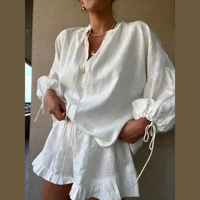 Linen Ruffle Shorts Beach Outfit - P12 Hub Europe