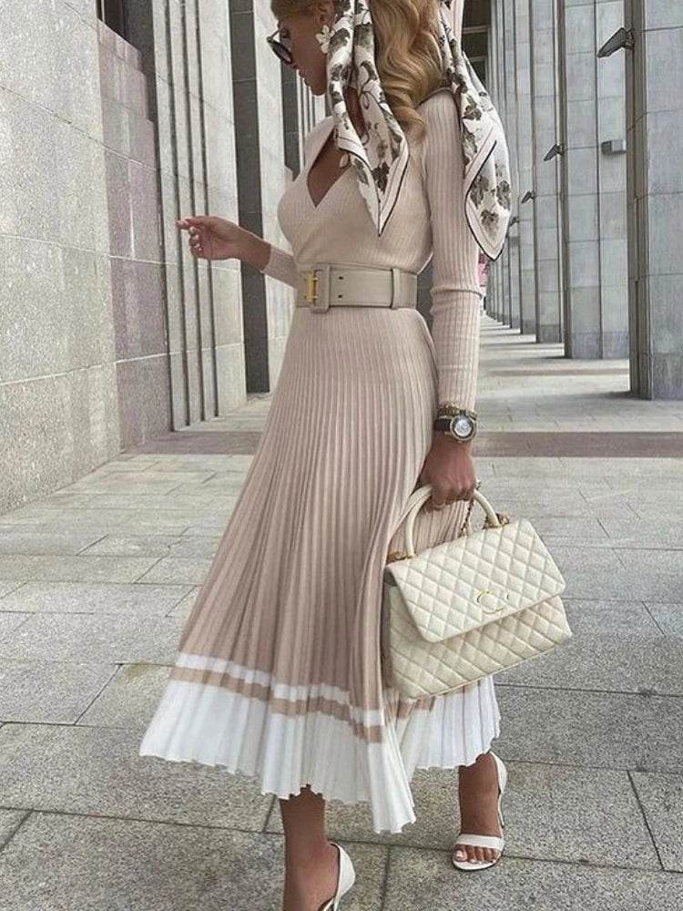 Tossy Ribbed V-Neck Knit Maxi Dress - Elegant Patchwork - P12 Hub Europe
