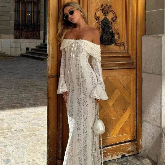 White Off Shoulder Lace Maxi Dress - Wedding Guest - P12 Hub Europe