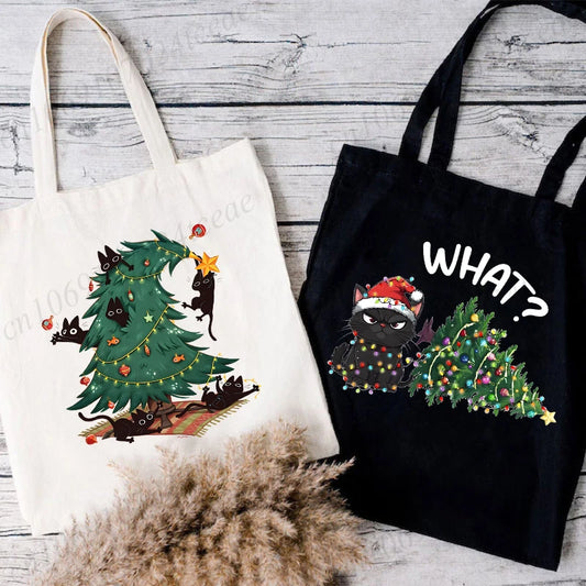 Black Cats Christmas Printed Shopping Bag Cartoon Canvas Tote Bag Eco Bag for Women Black Cats Christmas Reusable Tote Handbags