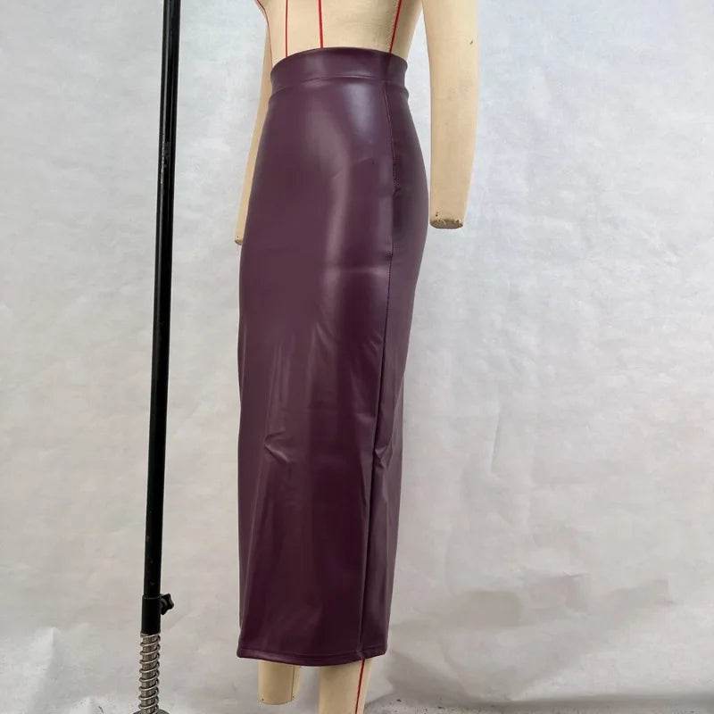 Women's Burgundy PU Slit Skirt - P12 Hub Europe