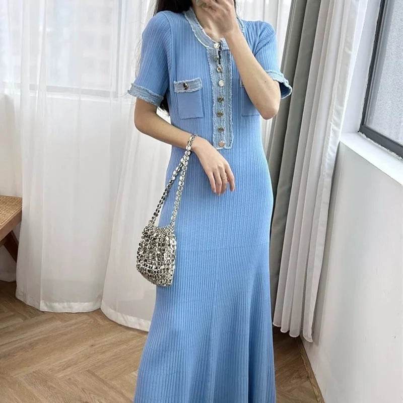 Talenza V-Neck Maxi Dress - Denim Patchwork Office Style - P12 Hub Europe