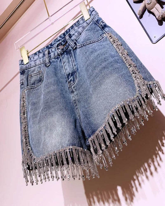 Sexy Rhinestone Fringed Denim Shorts - P12 Hub Europe