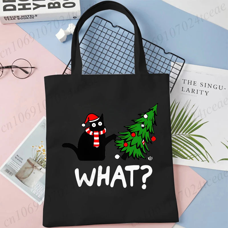Black Cats Christmas Printed Shopping Bag Cartoon Canvas Tote Bag Eco Bag for Women Black Cats Christmas Reusable Tote Handbags