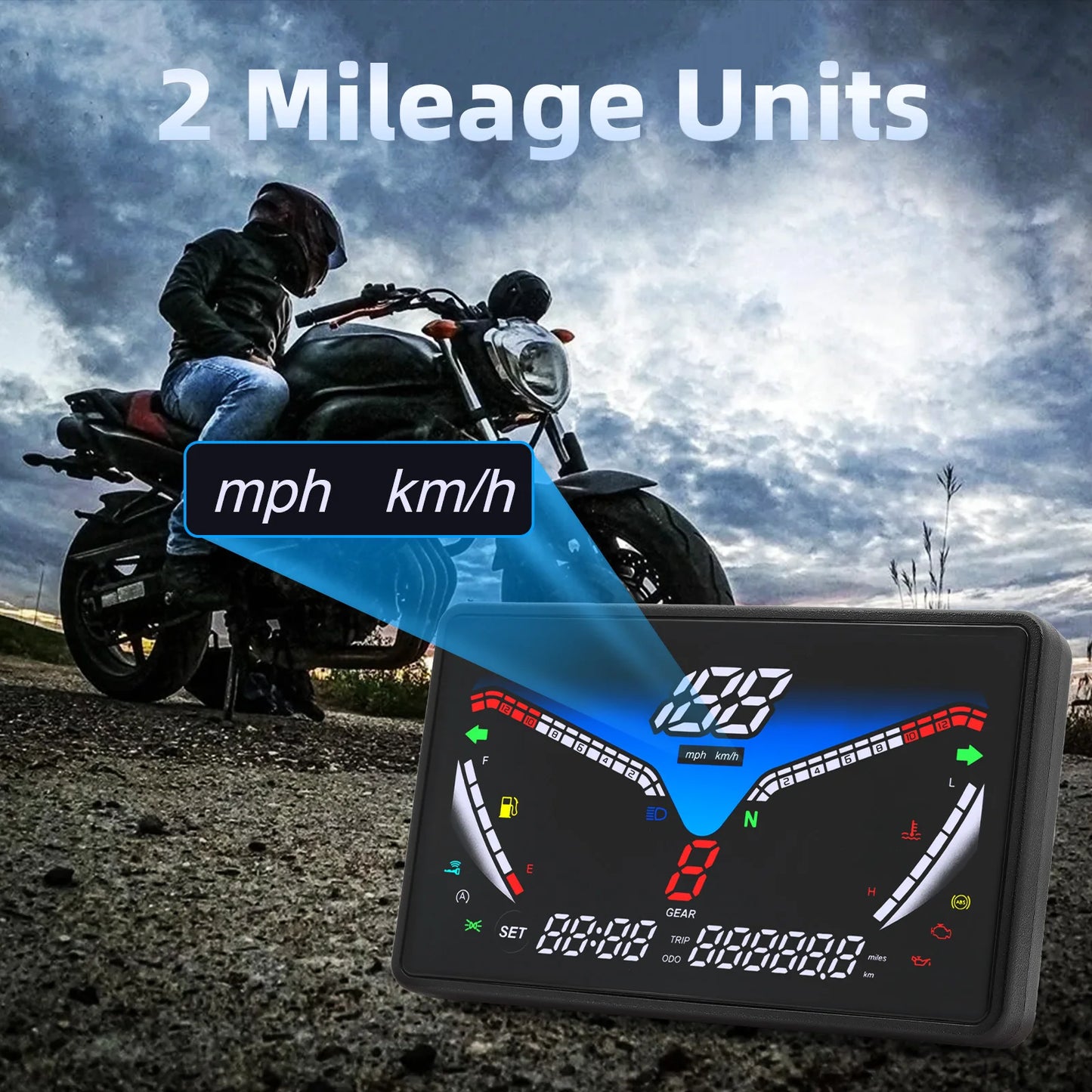 Motorcycle 12V Universal Digital Speedometer LCD RPM Tacho Oil Gauge Water Temp Gear LED Indicator 199km/h with Sensor Bracket X