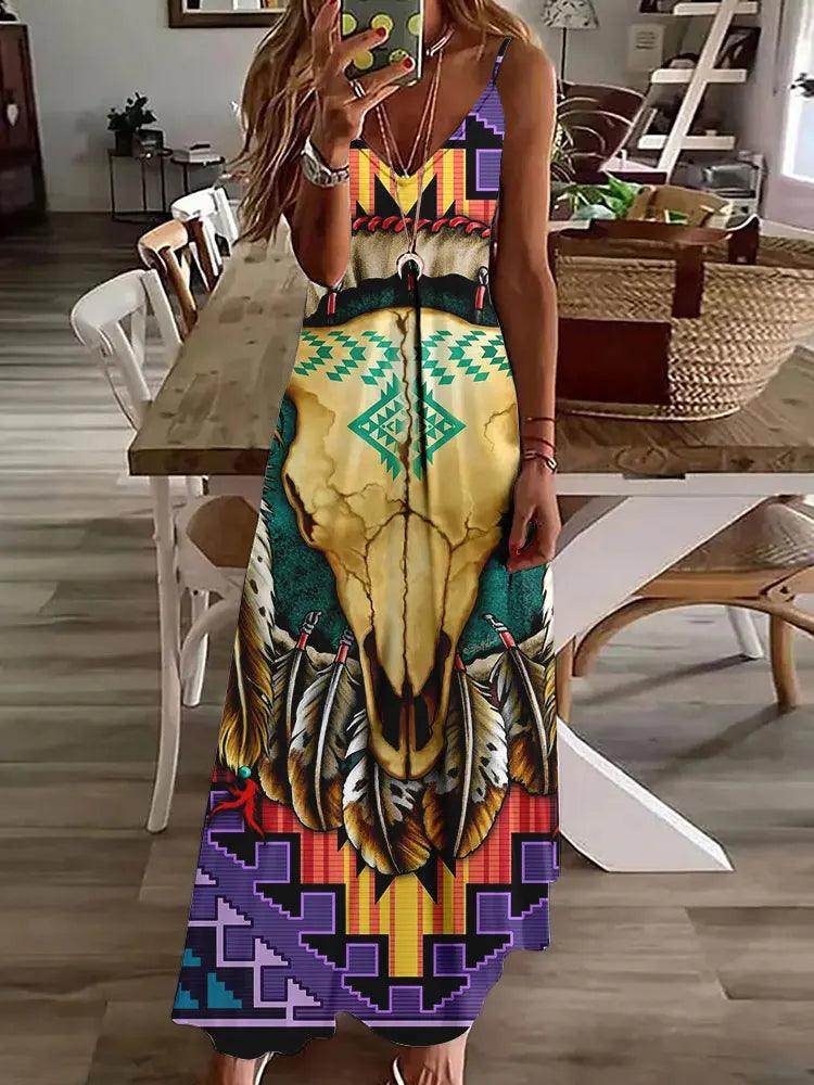 3D Owl Print Boho Maxi Dress Sleeveless Tribal - P12 Hub Europe