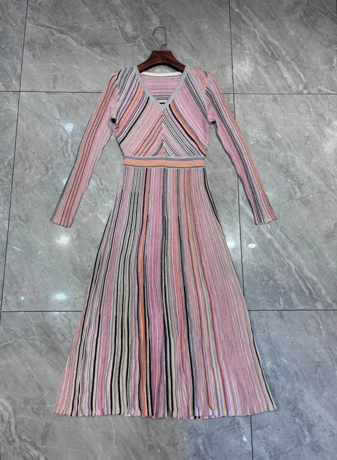 V-Neck Knit Dress - Silk Color Mosaic & Stripe Waist - P12 Hub Europe