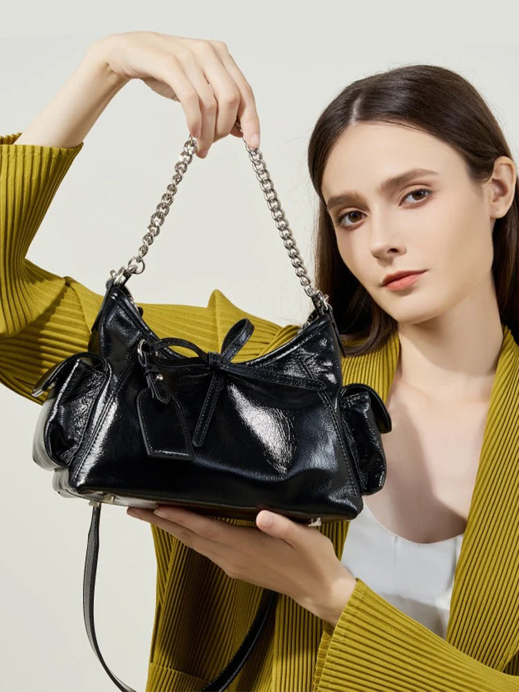 Zency Fashion Sliver Chain Handbag Soft Leather Top-handle Bag For Women Novel String Closure Bag Black Beige Crossbody