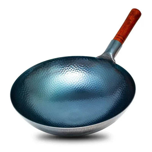Traditional Handmade Iron Wok Real Hammer Wok Traditional Carbon Steel Pow Wok with Wooden and Steel Helper Handle, Round Bottom - P12 Hub Europe