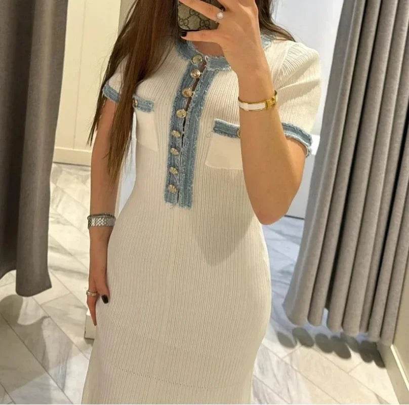 Talenza V-Neck Maxi Dress - Denim Patchwork Office Style - P12 Hub Europe
