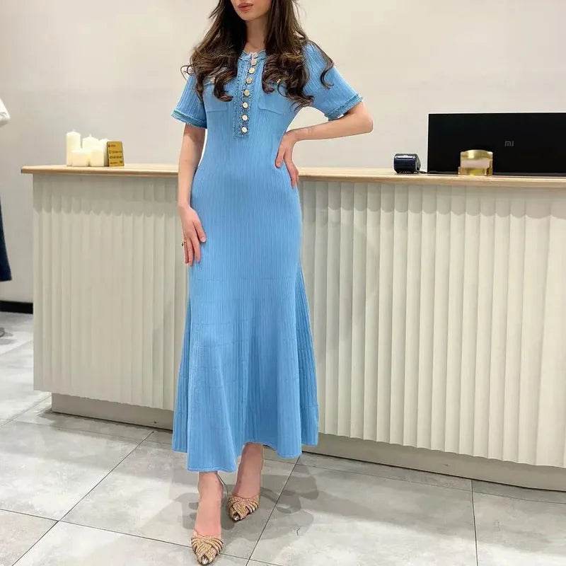 Talenza V-Neck Maxi Dress - Denim Patchwork Office Style - P12 Hub Europe