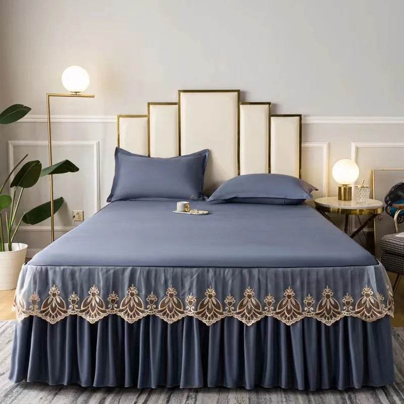 3pcs Set Raw Cotton Soft Bedspread Bed Romance Dust Protector Cover Embroidery Lace Edge Bed Skirt with 2pcs Pillowcase - P12 Hub Europe