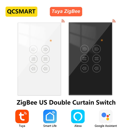 QCSMART ZigBee 3.0 Dual Curtain Roller Shutter US Standard Switch Tuya Smart Life App Remote Control Home Assistant Alexa DIY