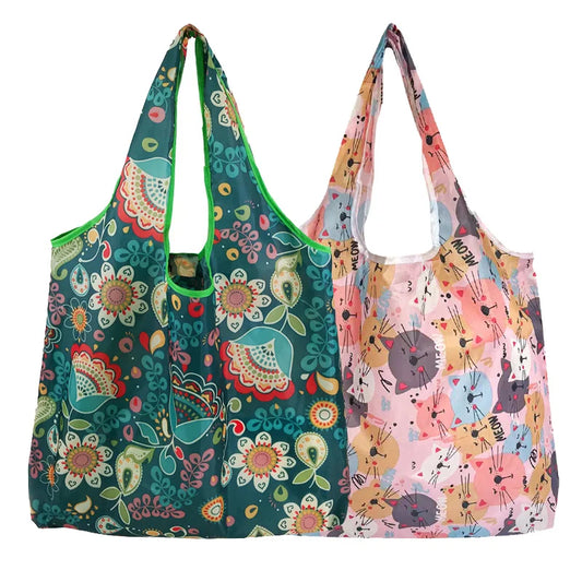 Fashion Printing Foldable Eco-Friendly Shopping Bag Tote Folding Pouch Handbags Reusable Large-capacity for Travel Grocery Bag