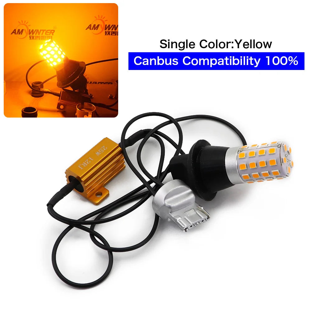 AMYWNTER T20 Drl 7440 Canbus 21W Car LED Light Dual Color Switchback Turn Signal Lamp Bulb Daytime Running