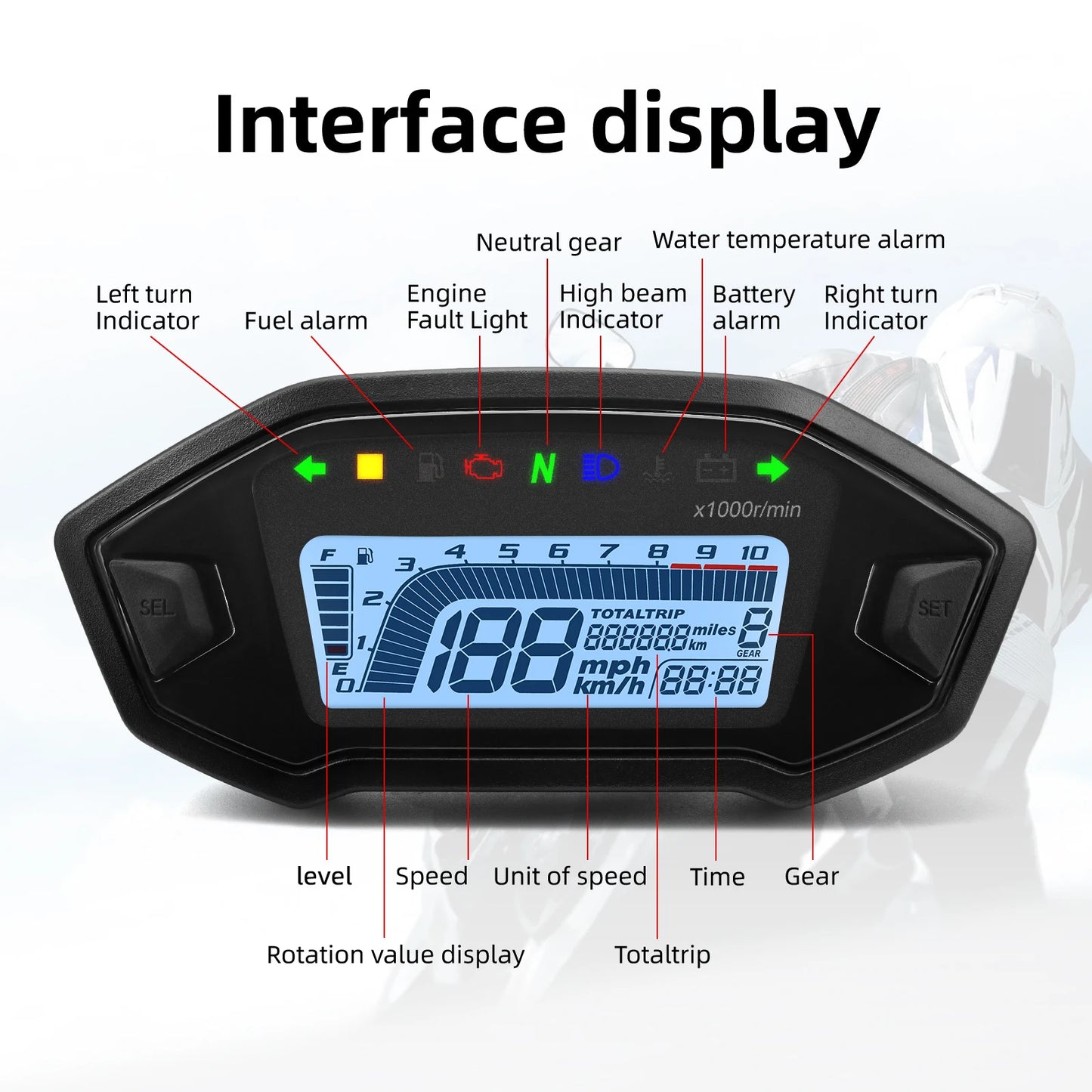 Newest Universal Motorcycle Speedometer 7 Colors Digital Meters Instrument LCD 13000rpm Tachometer Turn Signal Light Indicator