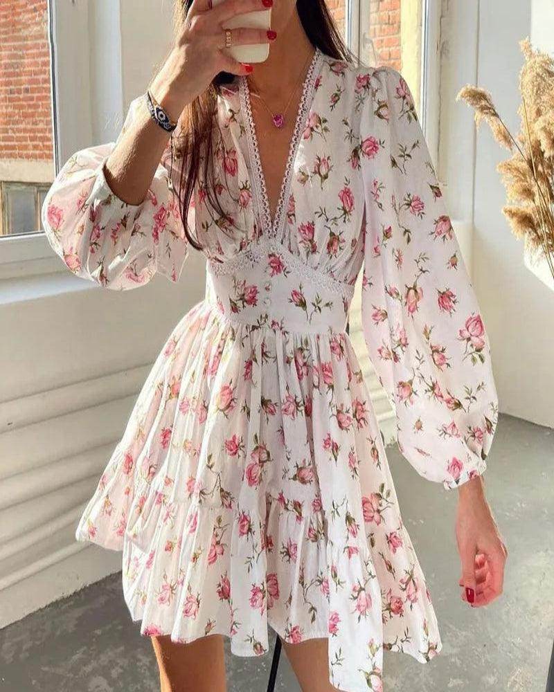 V-Neck Lace Edge Mini Dress Elegant Boho - P12 Hub Europe