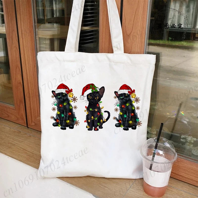 Black Cats Christmas Printed Shopping Bag Cartoon Canvas Tote Bag Eco Bag for Women Black Cats Christmas Reusable Tote Handbags