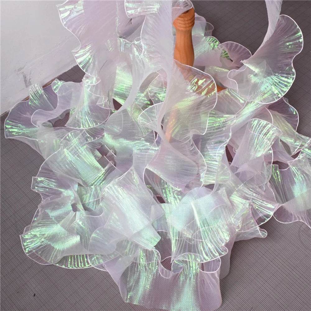 1 Yard Blue Lace Fabric Pleated Mermaid Effect Laser Neon Luster For Women Dress 15CM Wide - P12 Hub Europe